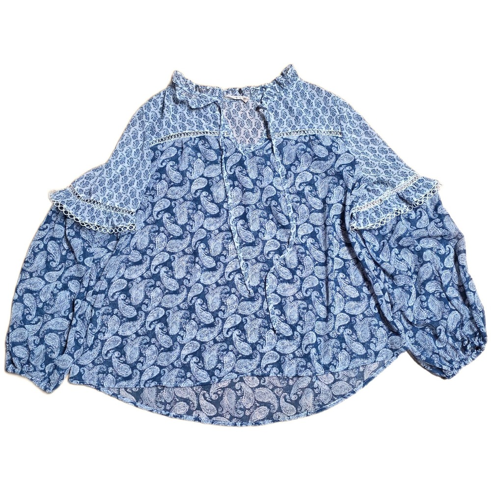 Altar'd State Paisley Boho Blouse Top Women's Size S Blue Tie Neck Long Sleeve